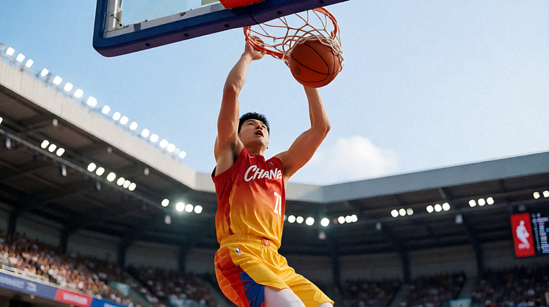 NBA比赛中篮球运动员完成精彩扣篮的瞬间动作
